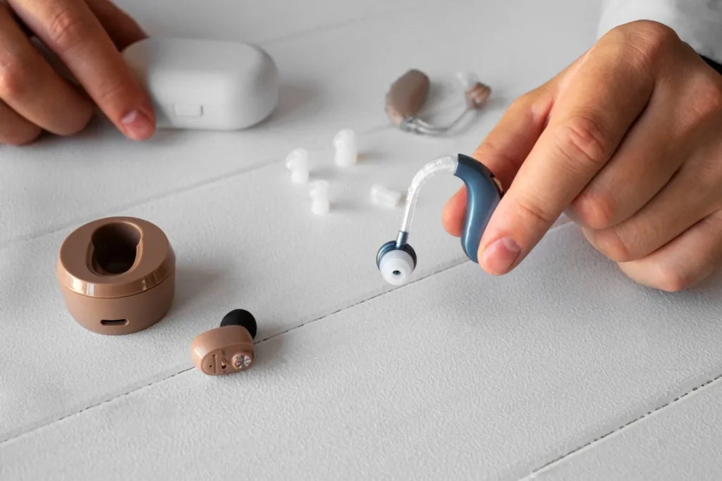 Mano de alto ángulo sosteniendo audífonos